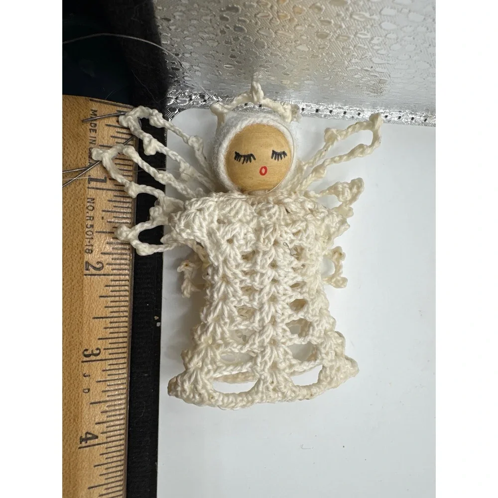 Vintage Handmade Crochet Angel Christmas Ornaments Wood Bead Face Set of 3 Cream